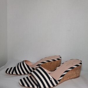Kate Spade Black & White Canvas Striped Wedge Slide Sandals Size 9